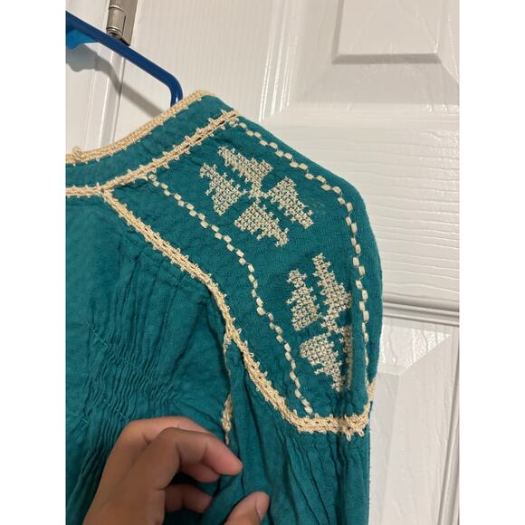 Sundance boho teal embroidered cotton top blouse - Picture 5 of 11